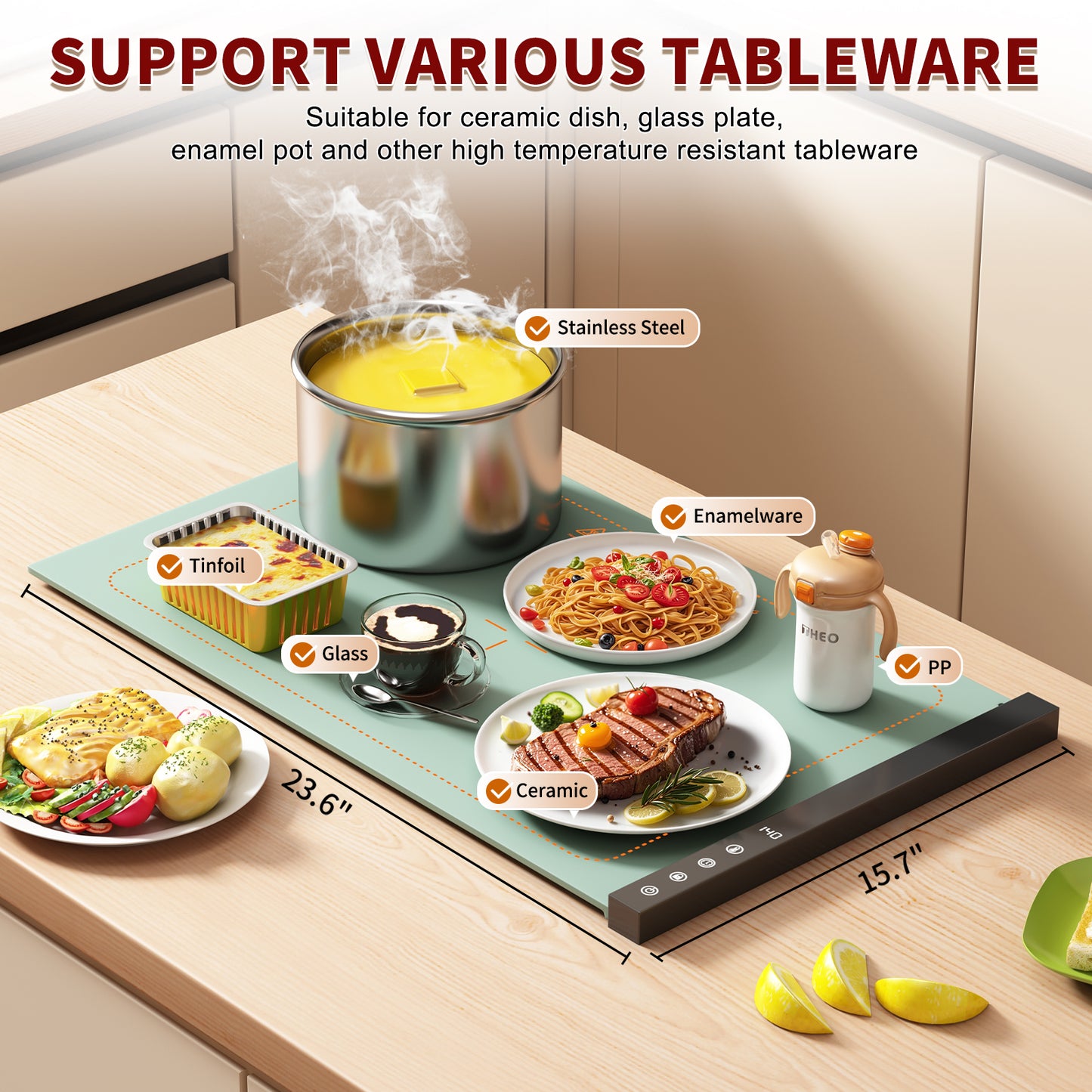 Warming Mat for Food - Full Surface Rapid Heating, Rollable & Portable Food Warmer Mat with 6 Temperature Settings and 1-4 hours adjustable Timer, Silicone Heating Mat for Party Buffet (green)