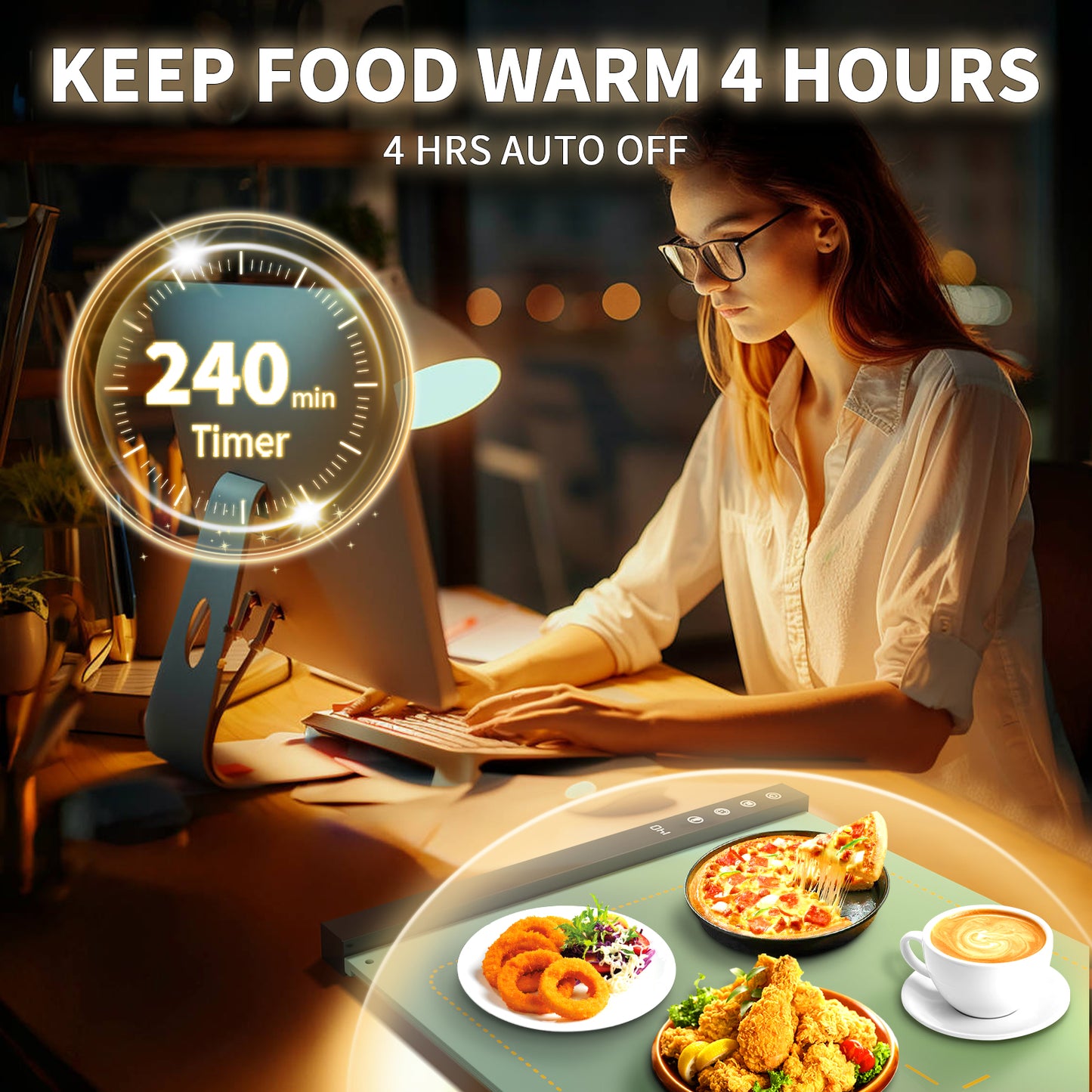 Warming Mat for Food - Full Surface Rapid Heating, Rollable & Portable Food Warmer Mat with 6 Temperature Settings and 1-4 hours adjustable Timer, Silicone Heating Mat for Party Buffet (green)