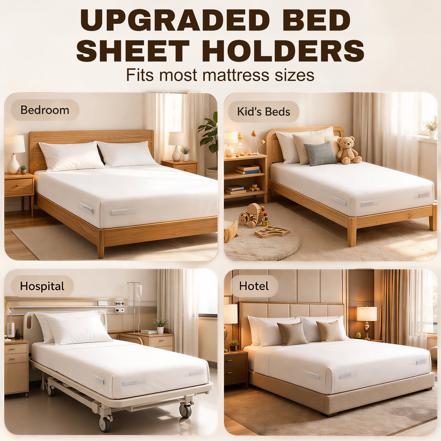 Bed Sheet Holders for Corners, 4PCS Fitted Sheet Holder Straps, Keep Sheets Firm & Tight, Heavy Duty Non-Slip Sheet Clips, Easy Install Lock Design, Fit All Mattress Sizes, No More Loose Sheets