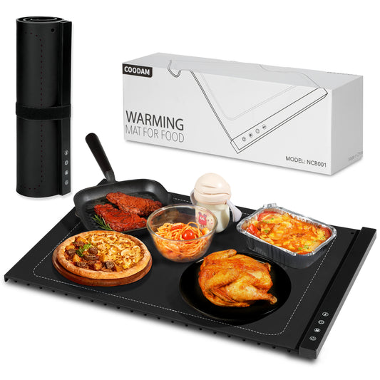 Warming Mat for Food - Full Surface Rapid Heating, Rollable & Portable Food Warmer Mat with 6 Temperature Settings and 1-4 hours adjustable Timer, Silicone Heating Mat for Party Buffet (black)