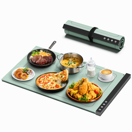 Warming Mat for Food - Full Surface Rapid Heating, Rollable & Portable Food Warmer Mat with 6 Temperature Settings and 1-4 hours adjustable Timer, Silicone Heating Mat for Party Buffet (green)