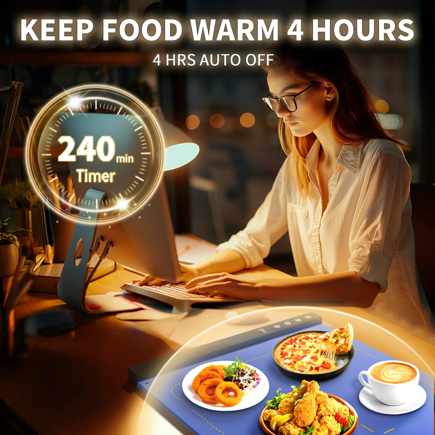 Warming Mat for Food - Full Surface Rapid Heating, Rollable & Portable Food Warmer Mat with 6 Temperature Settings and 1-4 hours adjustable Timer, Silicone Heating Mat for Party Buffet (blue)